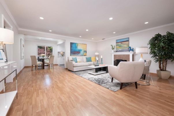 Dining room, Fireplace, Interior, Living room, Recessed Lighting, Wood Texture Flooring