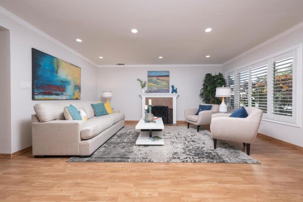 Fireplace, Interior, Living room, Recessed Lighting, Wood Texture Flooring