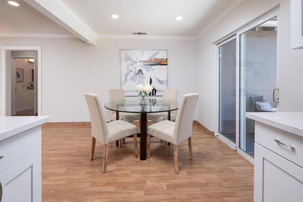 Dining room, Interior, Recessed Lighting, Wood Texture Flooring