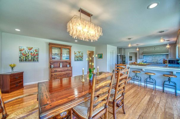 Chandelier, Dining room, Interior, Kitchen, Recessed Lighting, Wood Texture Flooring