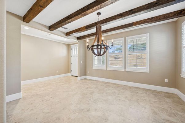 Chandelier, Empty room, Interior, Pendant Lights, Recessed Lighting, Wooden Beams