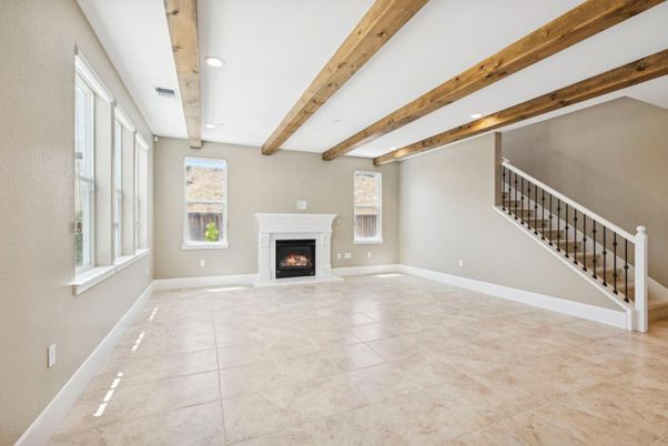 Empty room, Fireplace, Interior, Recessed Lighting, Wooden Beams