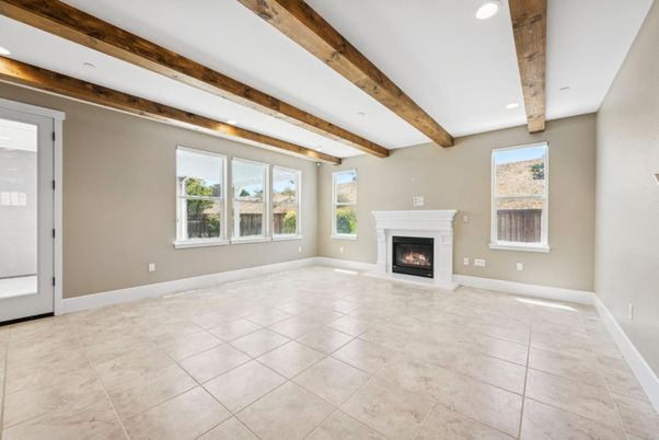 Empty room, Fireplace, Interior, Recessed Lighting, Wooden Beams