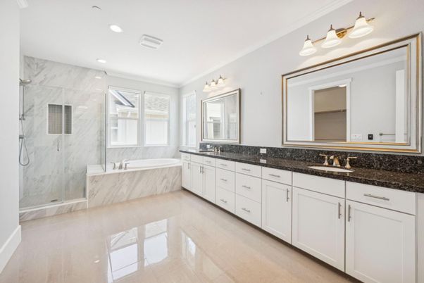 Bathroom, Dual Sink Vanities, Glass Shower, Interior, Marble Walls, Recessed Lighting