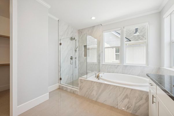Bathroom, Glass Shower, Interior, Marble Walls, Recessed Lighting