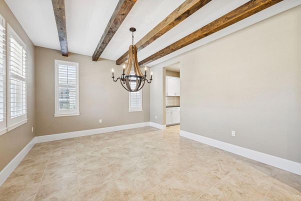 Chandelier, Empty room, Interior, Pendant Lights, Wooden Beams