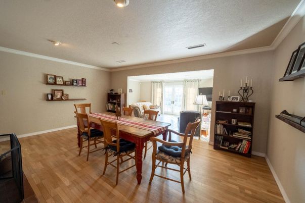 Dining room, Interior, Recessed Lighting, Wood Texture Flooring