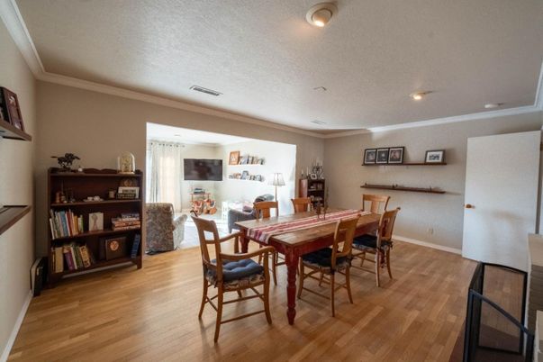 Dining room, Interior, Recessed Lighting, Wood Texture Flooring