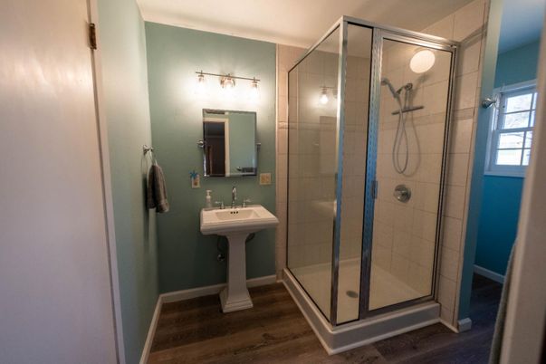 Bathroom, Glass Shower, Interior, Wood Texture Flooring