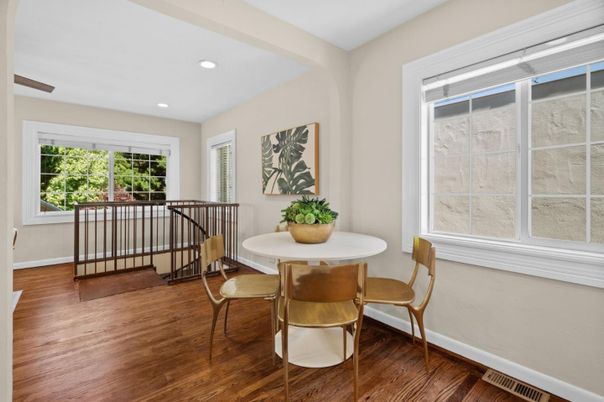 Dining room, Interior, Recessed Lighting, Wood Texture Flooring