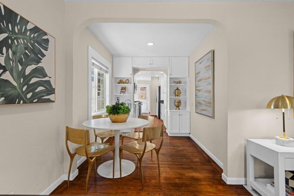 Dining room, Interior, Recessed Lighting, Wood Texture Flooring