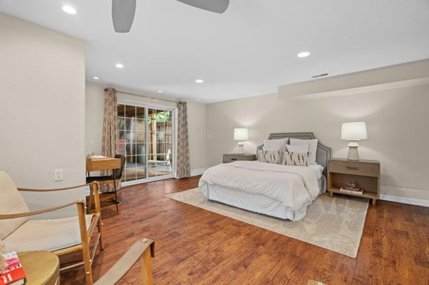 Bedroom, Interior, Recessed Lighting, Wood Texture Flooring