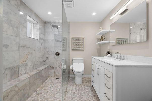 Bathroom, Glass Shower, Interior, Marble Walls, Recessed Lighting