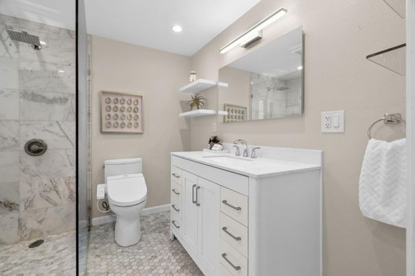 Bathroom, Glass Shower, Interior, Marble Walls, Recessed Lighting