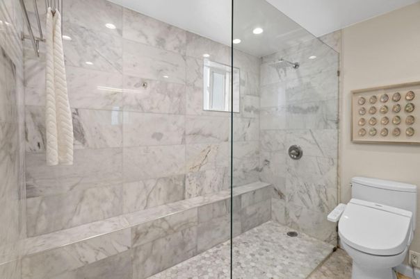 Bathroom, Glass Shower, Interior, Marble Walls, Recessed Lighting