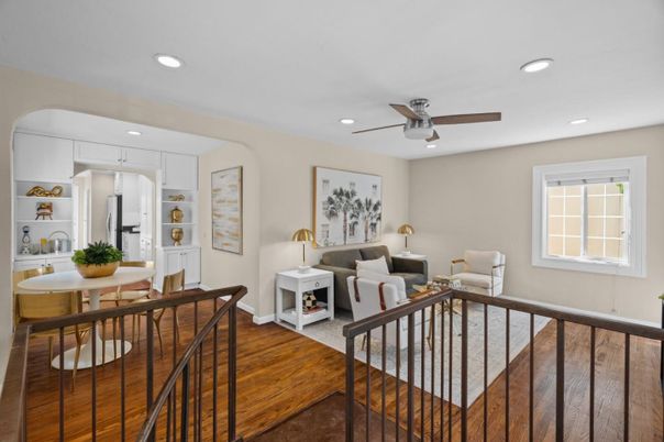 Dining room, Interior, Kitchen, Living room, Recessed Lighting, Wood Texture Flooring