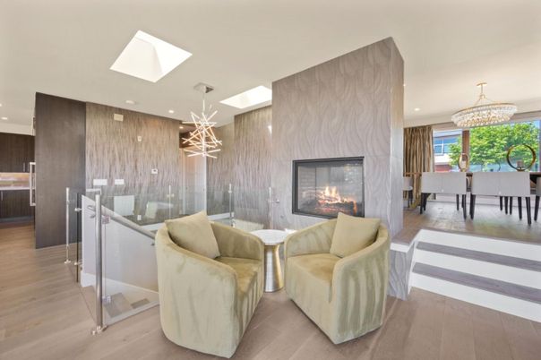 Chandelier, Dining room, Fireplace, Interior, Living room, Pendant Lights, Recessed Lighting, Wood Texture Flooring