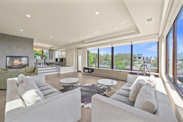 Dining room, Fireplace, Interior, Living room, Pendant Lights, Recessed Lighting, Wood Texture Flooring