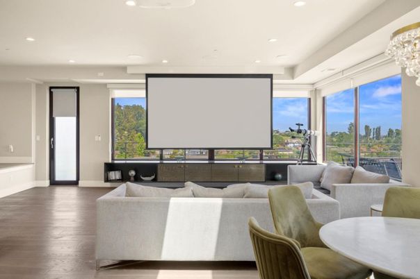 Chandelier, Interior, Living room, Projection Screen, Recessed Lighting, Wood Texture Flooring