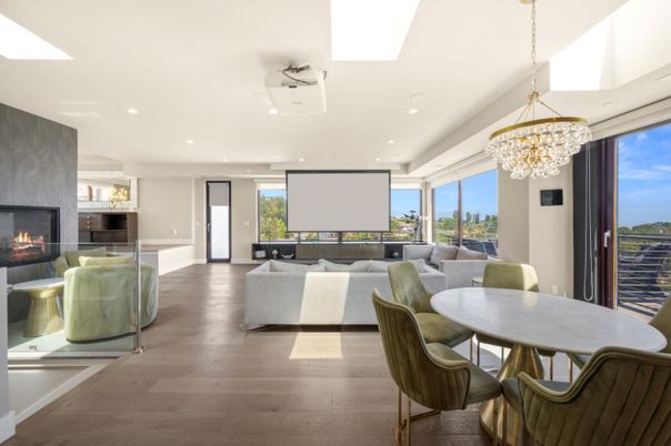 Chandelier, Dining room, Fireplace, Interior, Living room, Recessed Lighting, Wood Texture Flooring