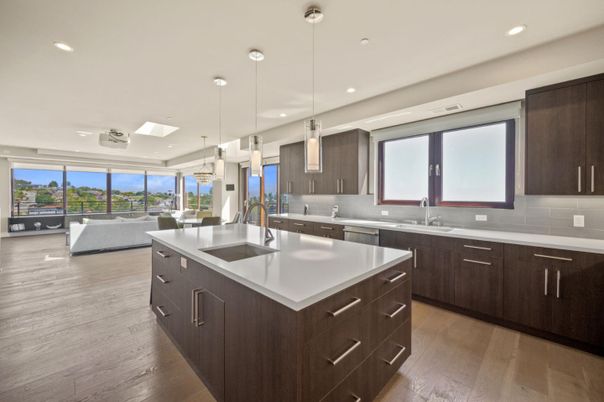 Interior, Kitchen, Living room, Pendant Lights, Recessed Lighting, Water, Wood Texture Flooring