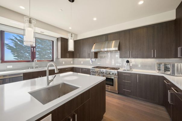 Interior, Kitchen, Pendant Lights, Recessed Lighting, Stainless Steel Appliances, Wood Texture Flooring