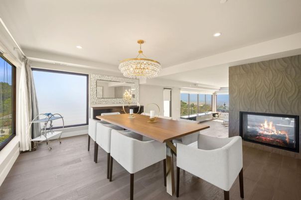 Chandelier, Dining room, Fireplace, Interior, Kitchen, Recessed Lighting, Water, Wood Texture Flooring