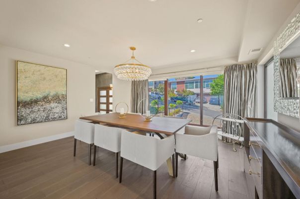Chandelier, Dining room, Interior, Recessed Lighting, Wood Texture Flooring