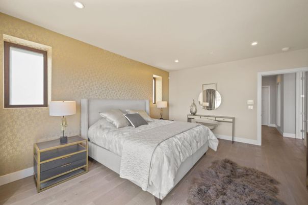 Bedroom, Interior, Recessed Lighting, Wood Texture Flooring