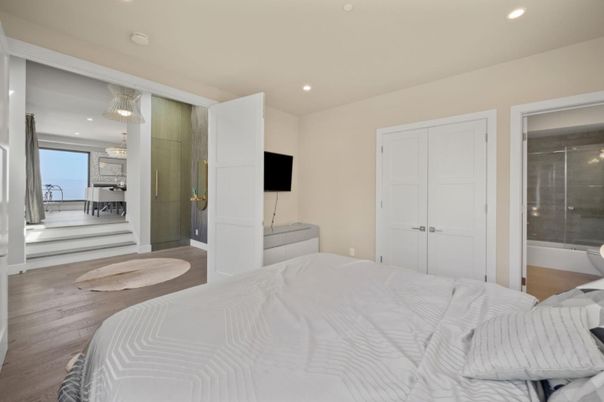 Bedroom, Chandelier, Interior, Recessed Lighting, Wood Texture Flooring