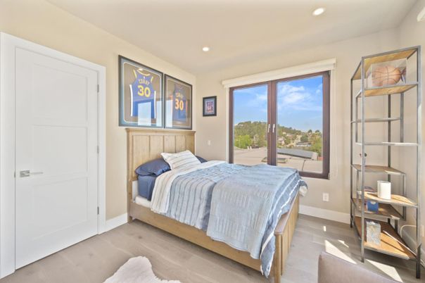 Bedroom, Interior, Recessed Lighting, Wood Texture Flooring
