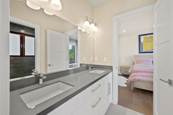 Bathroom, Bedroom, Dual Sink Vanities, Interior, Recessed Lighting, Wood Texture Flooring