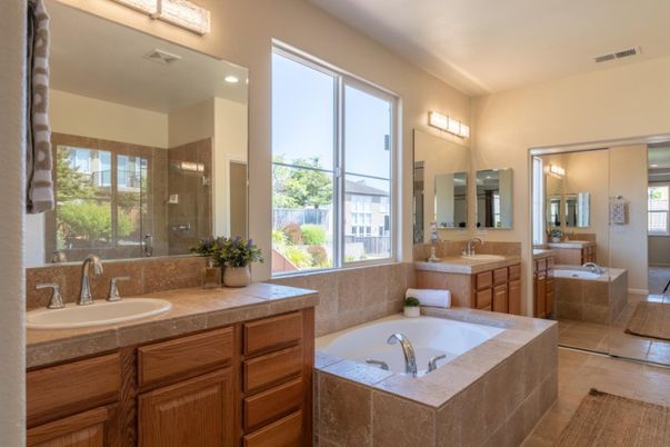Bathroom, Dual Sink Vanities, Interior, Recessed Lighting, Tile Countertops