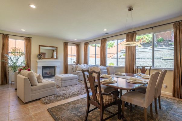 Dining room, Fireplace, Interior, Living room, Pendant Lights, Recessed Lighting