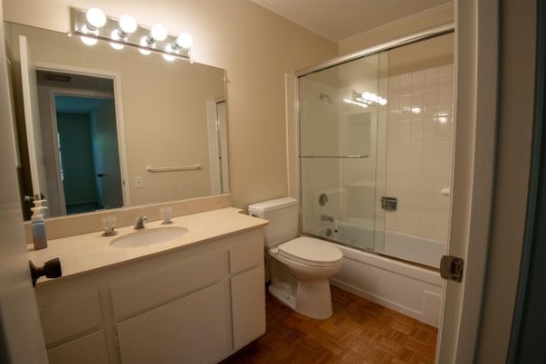 Bathroom, Glass Shower, Interior, Wood Texture Flooring