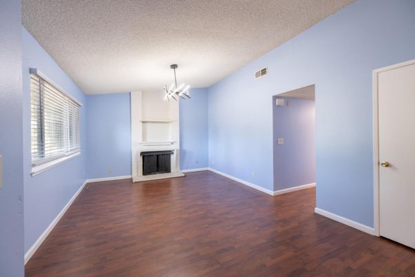 Empty room, Fireplace, Interior, Pendant Lights, Wood Texture Flooring