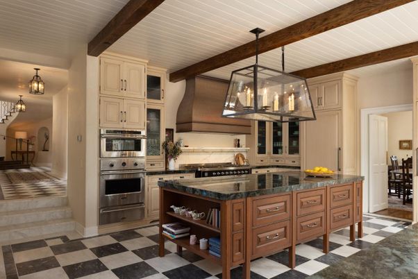 Interior, Kitchen, Pendant Lights, Stainless Steel Appliances, Wooden Beams