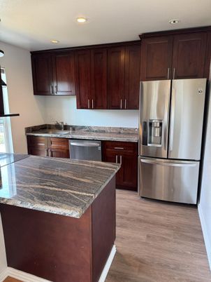 Interior, Kitchen, Recessed Lighting, Stainless Steel Appliances, Wood Texture Flooring