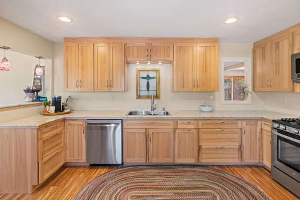 Interior, Kitchen, Recessed Lighting, Stainless Steel Appliances, Wood Texture Flooring