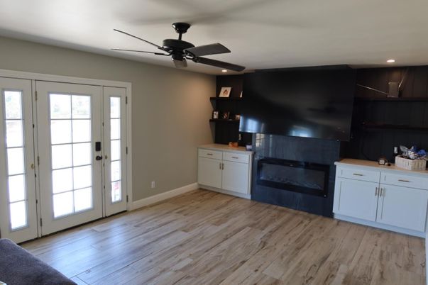 Fireplace, Interior, Recessed Lighting, Wood Texture Flooring
