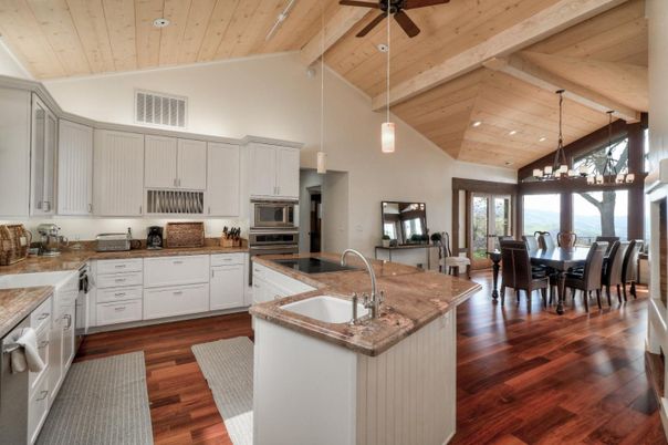 Chandelier, Dining room, Interior, Kitchen, Pendant Lights, Recessed Lighting, Stainless Steel Appliances, Wooden Beams, Wooden Ceilings, Wood Texture Flooring