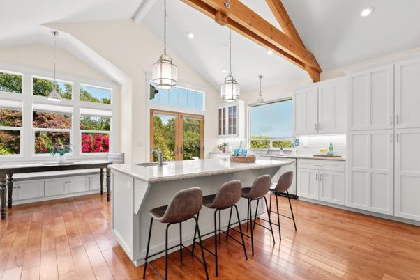 Interior, Kitchen, Pendant Lights, Recessed Lighting, Wooden Beams, Wood Texture Flooring