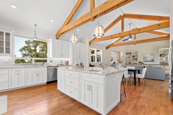 Dining room, Interior, Kitchen, Pendant Lights, Recessed Lighting, Stainless Steel Appliances, Wooden Beams, Wood Texture Flooring