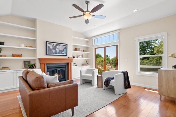 Fireplace, Interior, Living room, Recessed Lighting, Wood Texture Flooring