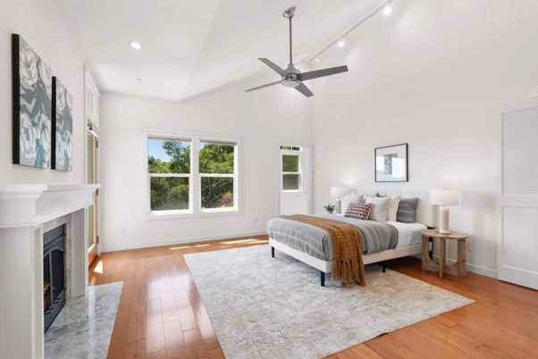 Bedroom, Fireplace, Interior, Recessed Lighting, Wood Texture Flooring