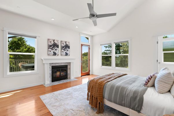 Bedroom, Fireplace, Interior, Recessed Lighting, Wood Texture Flooring