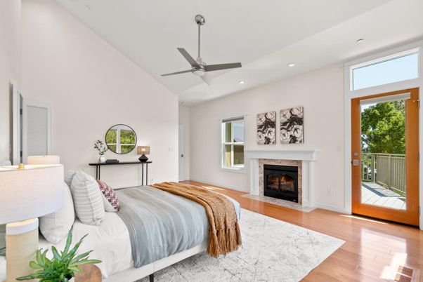 Bedroom, Fireplace, Interior, Recessed Lighting, Wood Texture Flooring