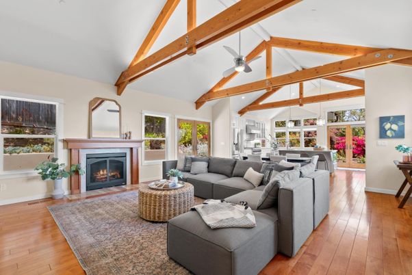 Dining room, Fireplace, Interior, Living room, Pendant Lights, Recessed Lighting, Wooden Beams, Wood Texture Flooring