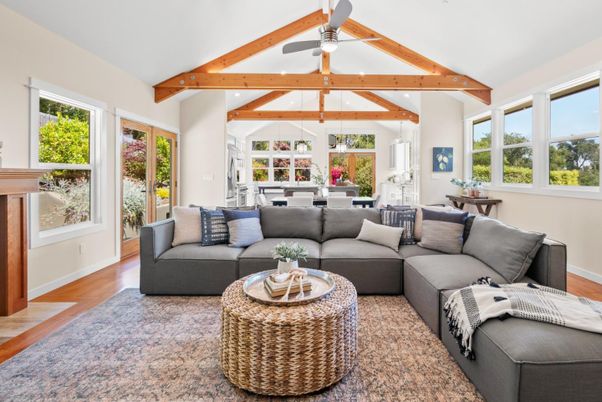 Dining room, Interior, Living room, Pendant Lights, Recessed Lighting, Wooden Beams, Wood Texture Flooring