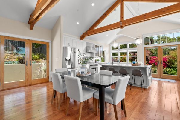 Dining room, Interior, Kitchen, Pendant Lights, Recessed Lighting, Wooden Beams, Wood Texture Flooring